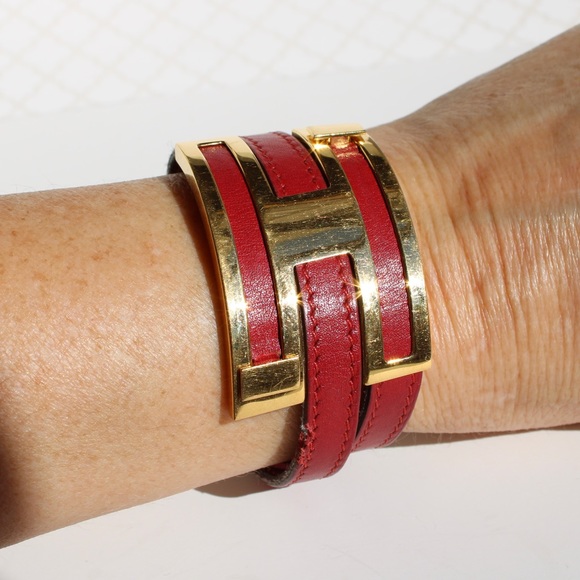 Hermès Gold Plated Pousse Pousse H slide bracelet red leather Authentic - Picture 3 of 16